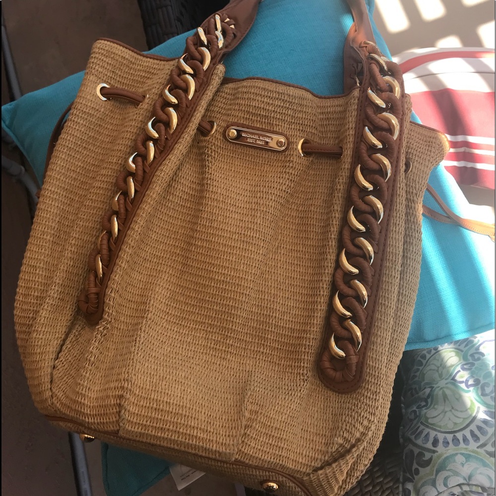 Michael Kors Sunmer Straw And Gold Purse / Bag